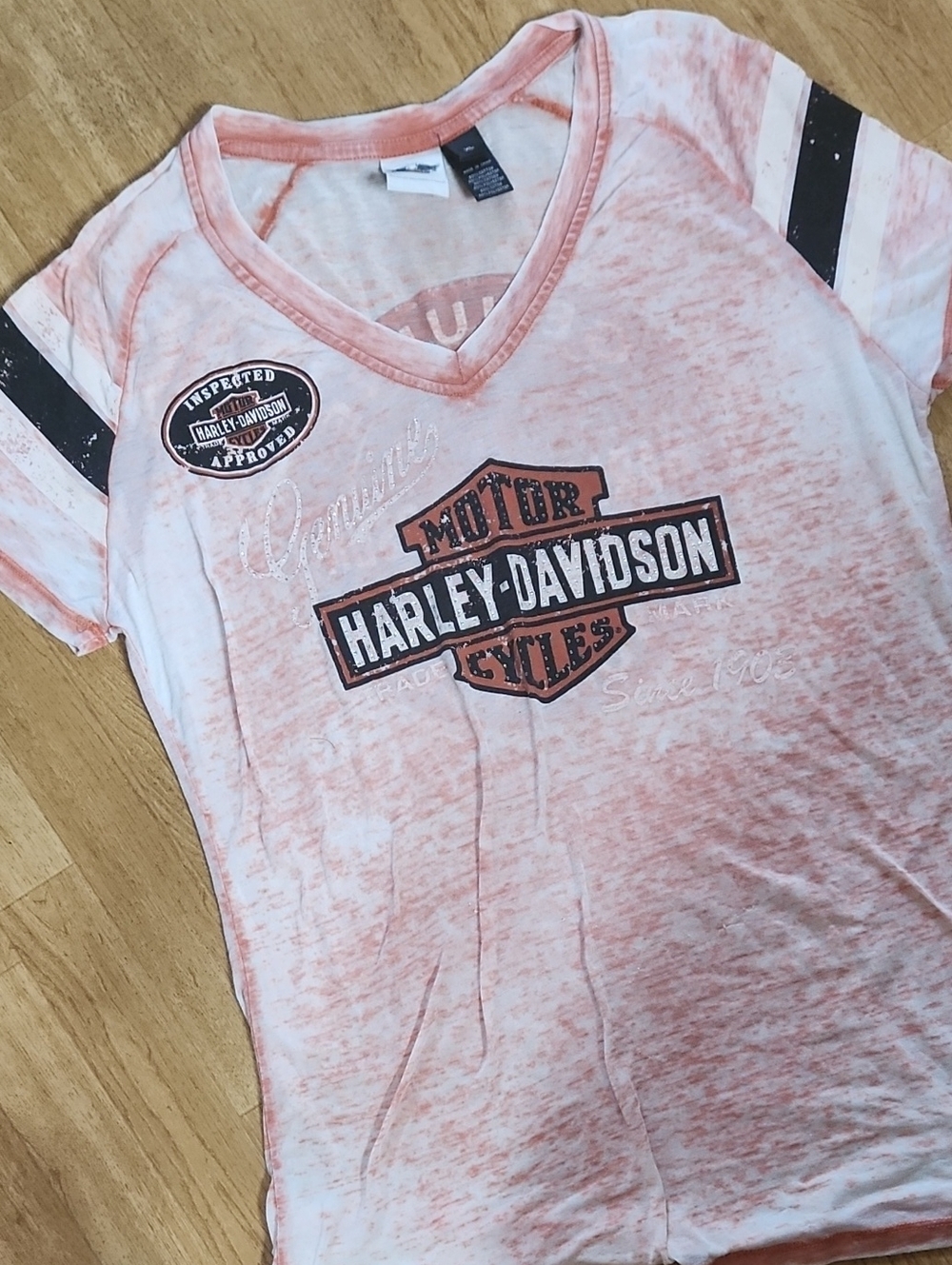 Harley-Davidson Orange Burnout V-Neck Tee with Black Sleeve Stripes